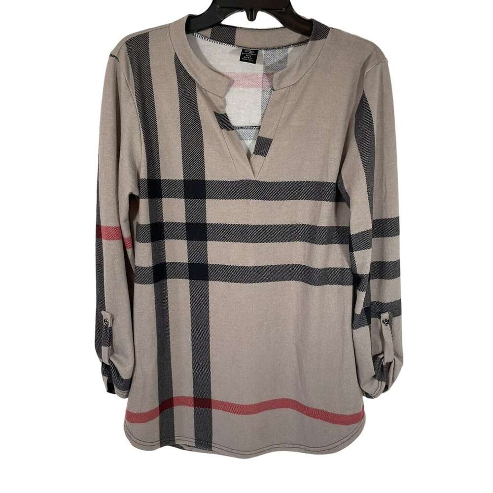 Win Win Roll-Tab Sleeve V-Neck Multicolor Plaid Tunic Top Sz S/M